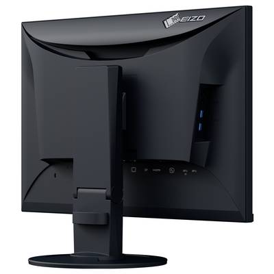 Rückansicht eines schwarzen EIZO-Computermonitors auf einem Ständer, der seitliche USB-Anschlüsse und ein gekrümmtes Rückdesign zeigt.