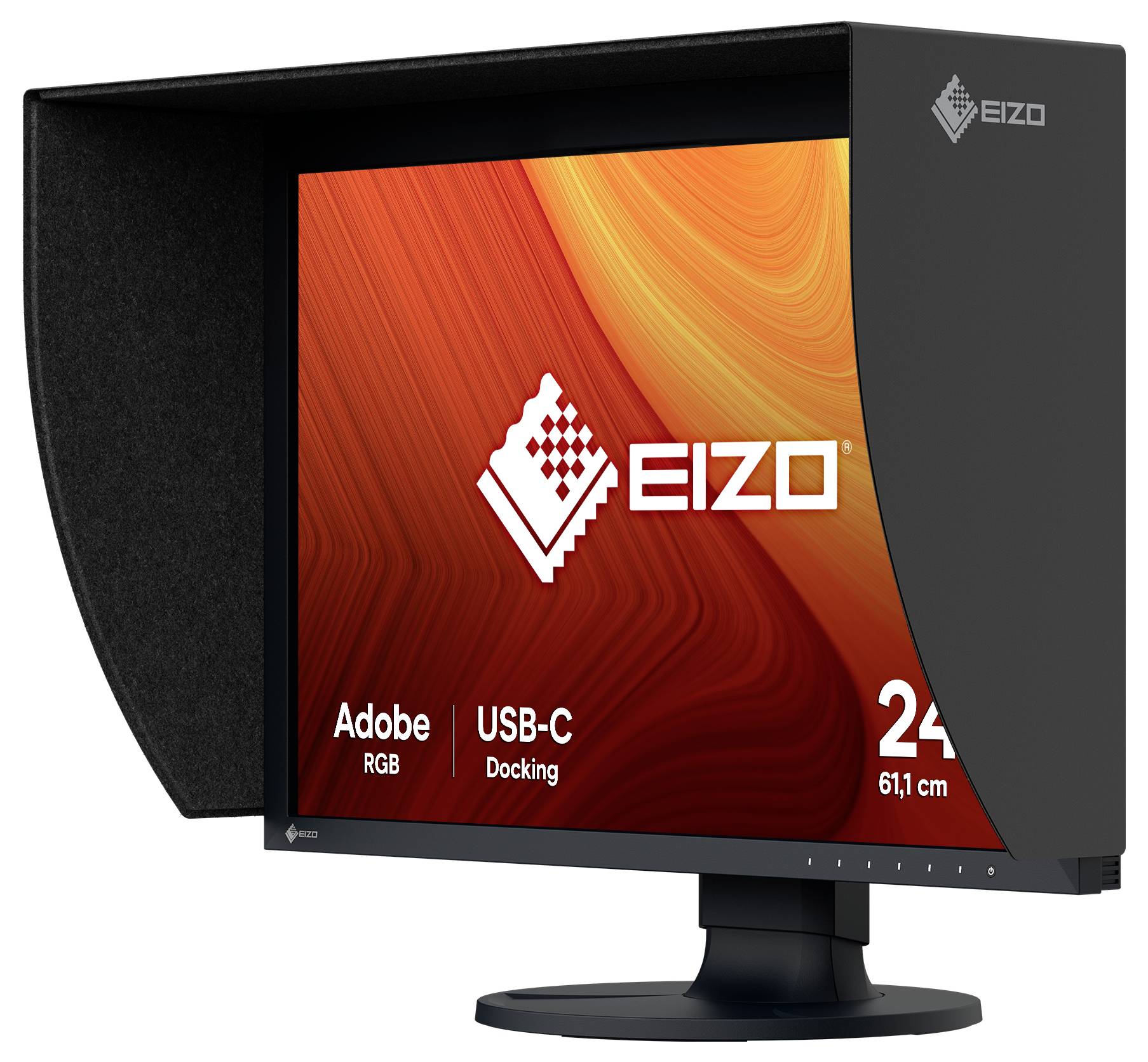 EIZO 24-Zoll Adobe-RGB-Monitor mit USB-C-Docking und Blende, gezeigt auf einem Ständer mit dem EIZO-Logo auf dem Bildschirm.