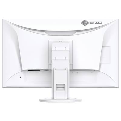 Rückansicht eines weißen EIZO-Computermonitors auf einem Ständer, der die Rückseite und das Logo zeigt.