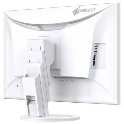 Rückansicht eines EIZO-Computermonitors mit verstellbarem Ständer und integrierten USB-Anschlüssen auf der rechten Seite.