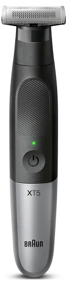 Schwarzer und silberner Braun XT5 Elektrotrimmer mit Ein-/Ausschalter und grüner Kontrollleuchte.