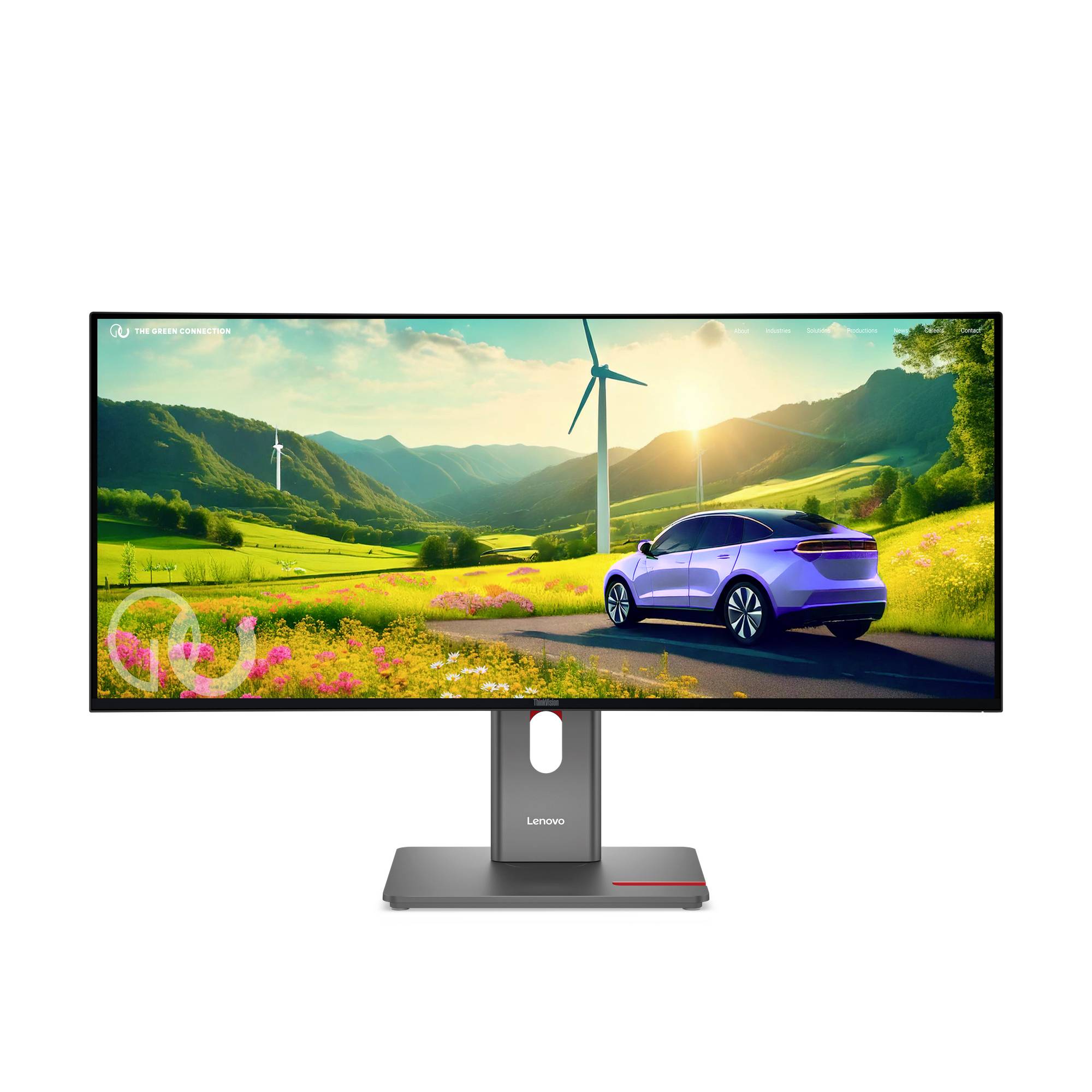 Lenovo Monitor zeigt eine lebendige Landschaft mit einem violetten Auto, das durch grüne Hügel fährt, Windkraftanlagen und leuchtende Blumen bei Sonnenuntergang.