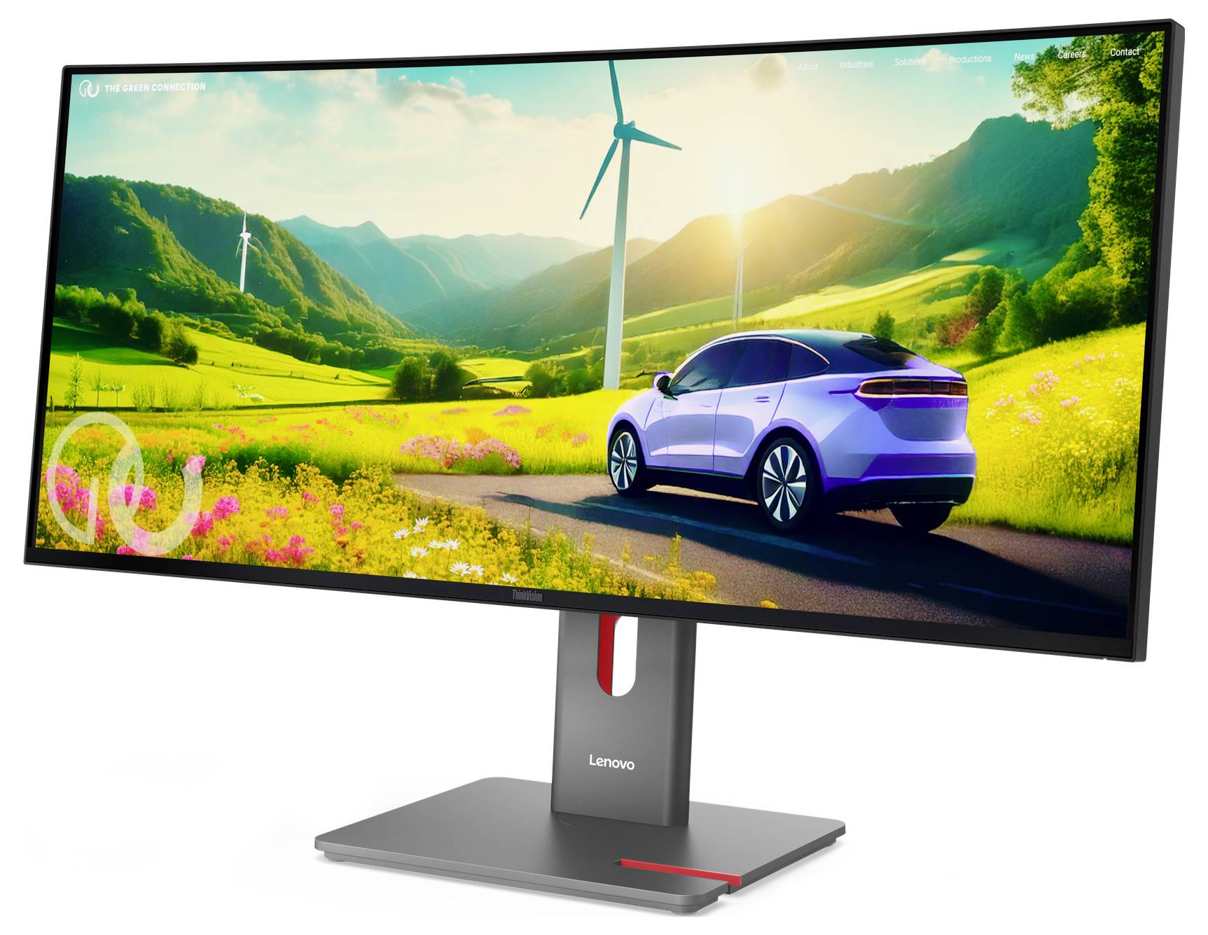 Lenovo-Monitor zeigt ein landschaftliches Bild eines Elektroautos, das durch ein grünes Tal fährt, mit Windkraftanlagen und hellem Sonnenlicht.