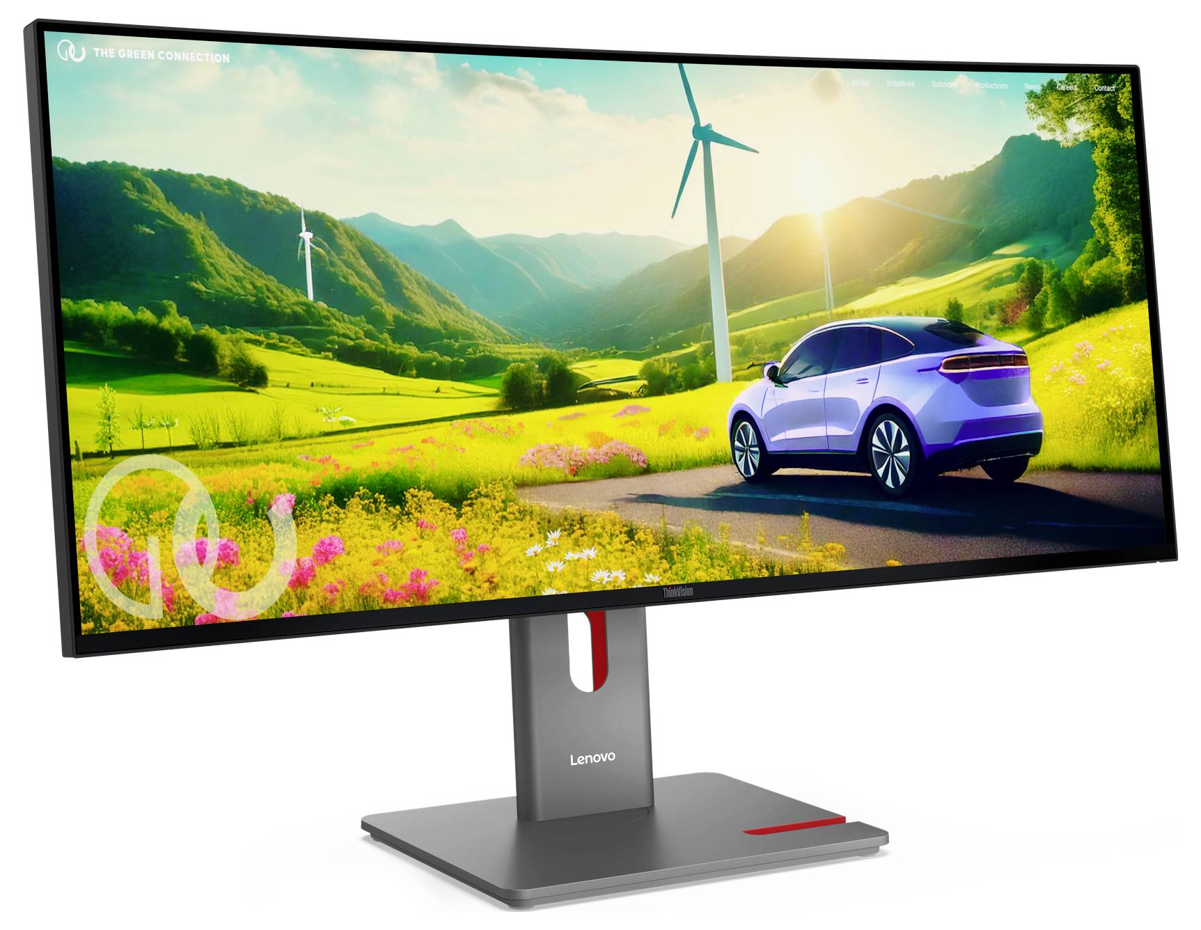 Lenovo-Monitor zeigt eine Werbeanzeige mit einem Elektroauto auf einer Straße durch grüne Hügel und Windkraftanlagen bei Sonnenaufgang.