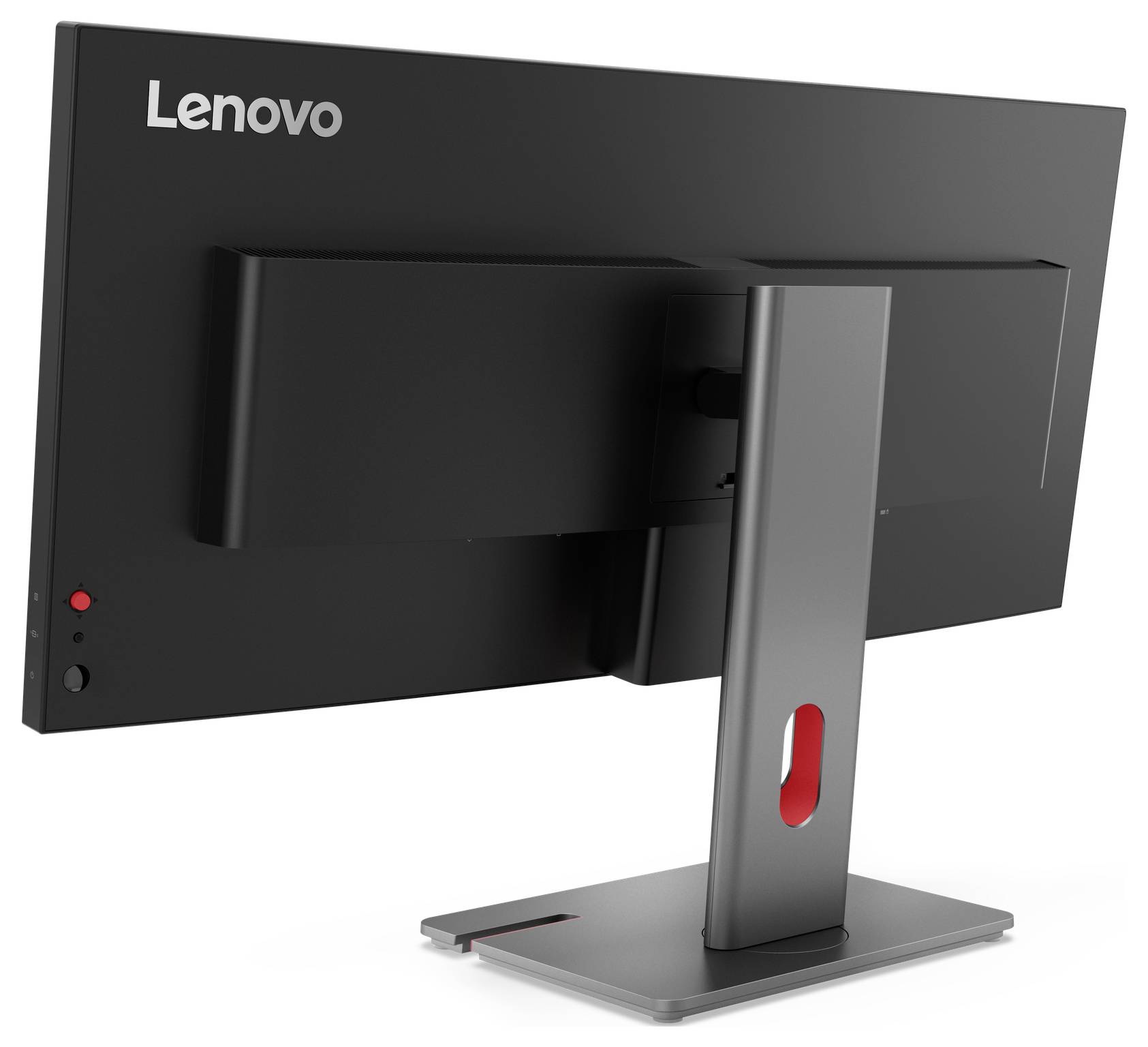Rückansicht eines Lenovo-Monitors mit seinem verstellbaren Ständer und der Basis auf weißem Hintergrund.