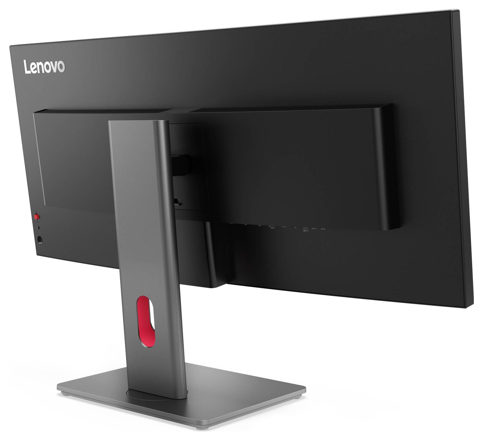 Rückansicht eines schwarzen Lenovo-Computermonitors auf einem Ständer, der die verstellbare Halterung und die Kabelmanagement-Aussparung zeigt.
