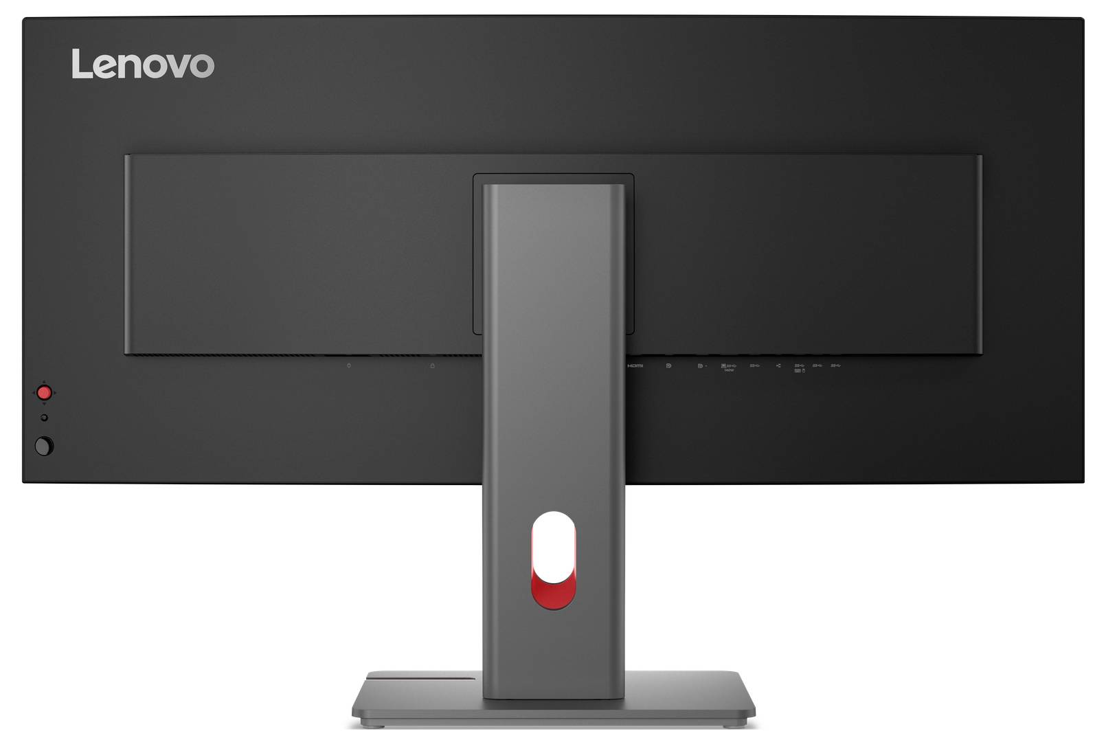Rückansicht eines Lenovo-Desktopmonitors mit einem zentralen Ständer auf weißem Hintergrund.