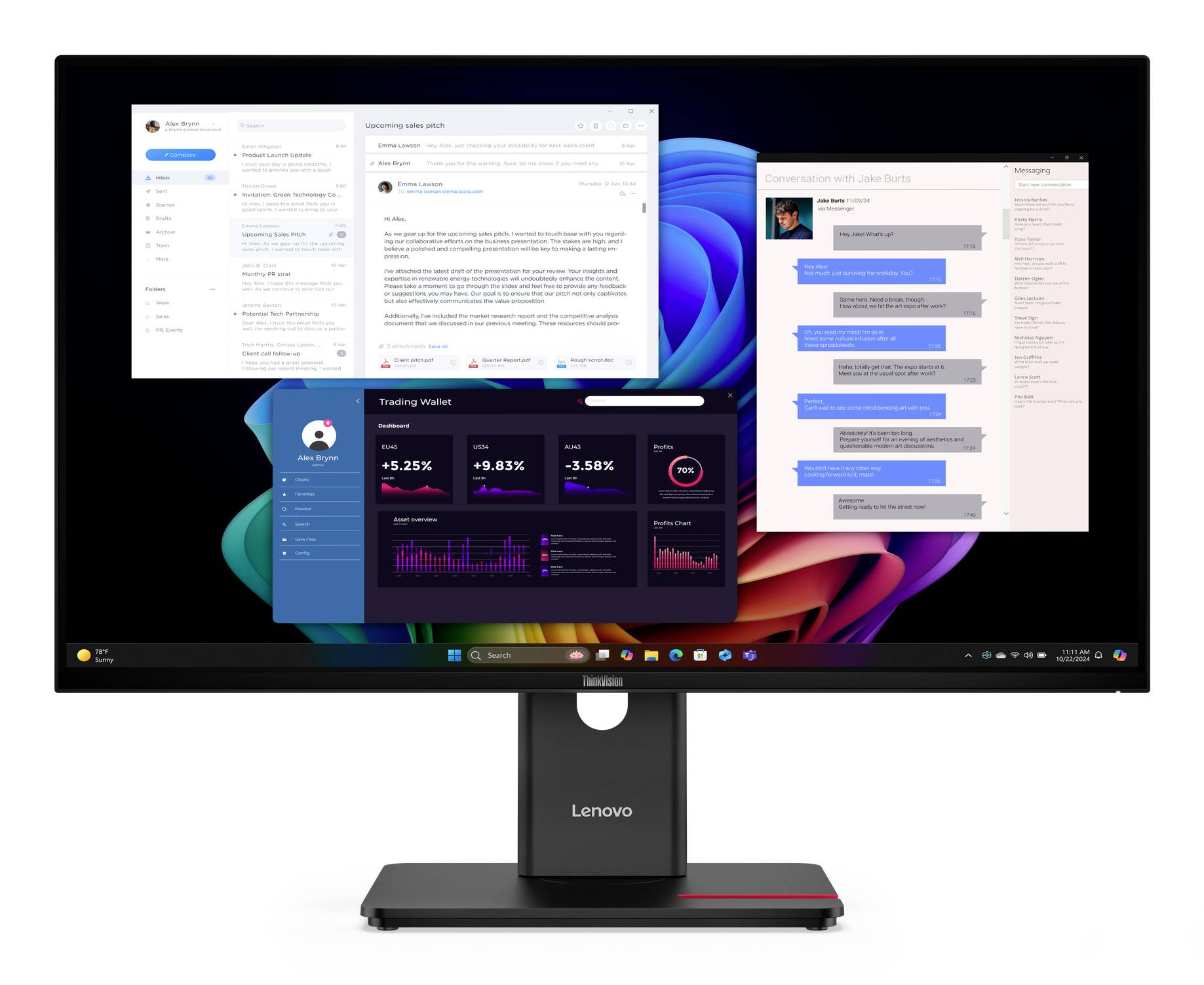 Lenovo-Monitor zeigt mehrere App-Fenster auf einem Windows-Desktop an, einschließlich E-Mail, Chat und ein Handels-Dashboard.