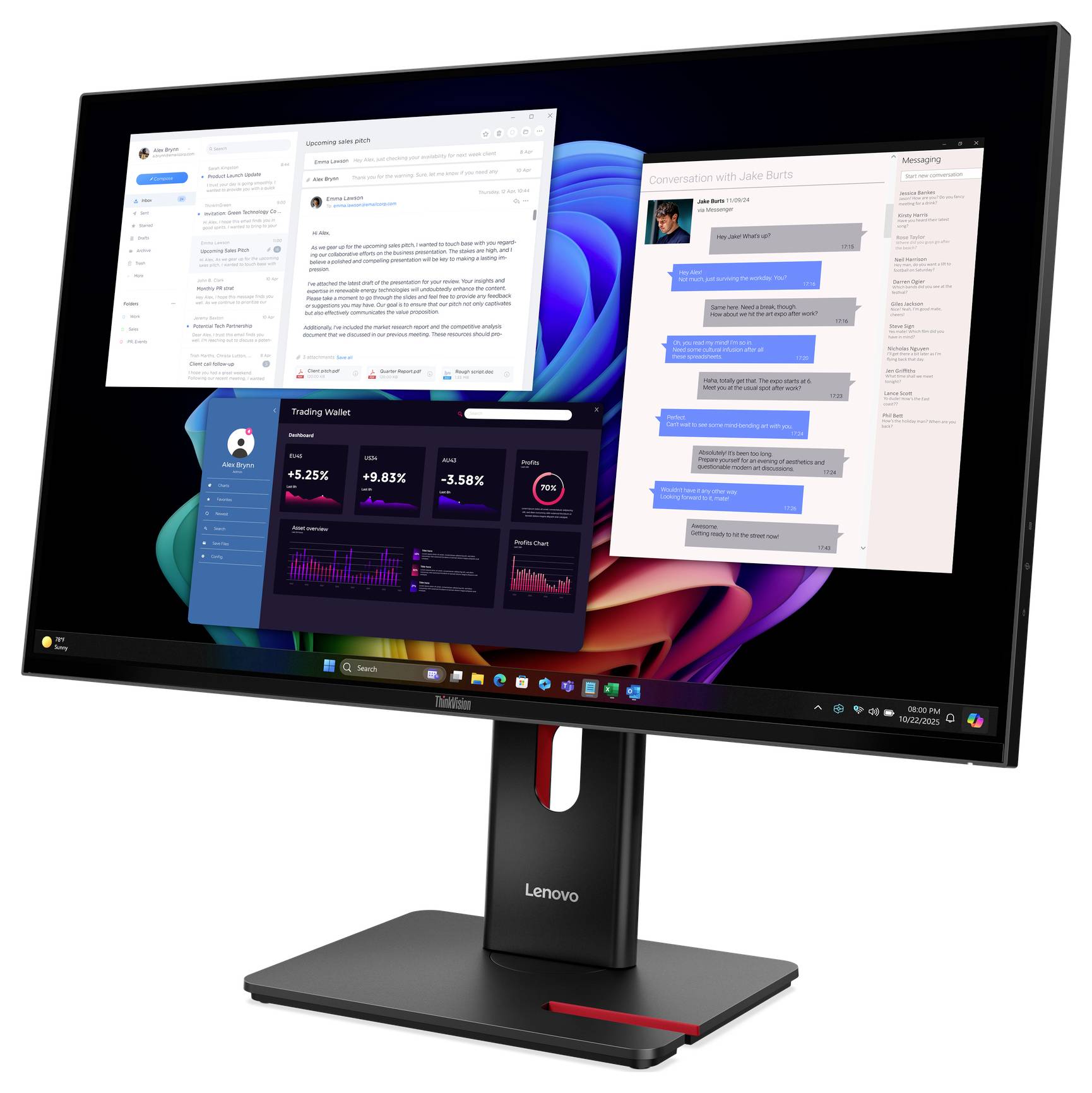Lenovo-Monitor zeigt mehrere überlagernde App-Fenster an: E-Mail, Chat und Analytics-Dashboards auf einem Windows-Desktop.