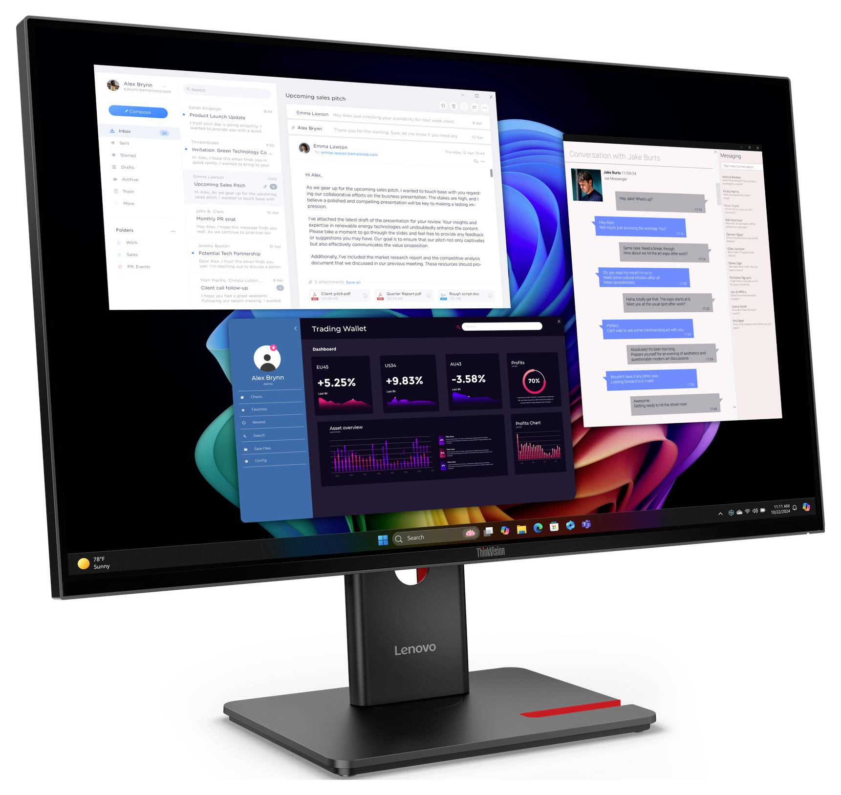 Lenovo-Monitor mit mehreren sich überlappenden App-Fenstern: E-Mail, Chat und ein dunkles Trading-Dashboard auf dem Desktop.