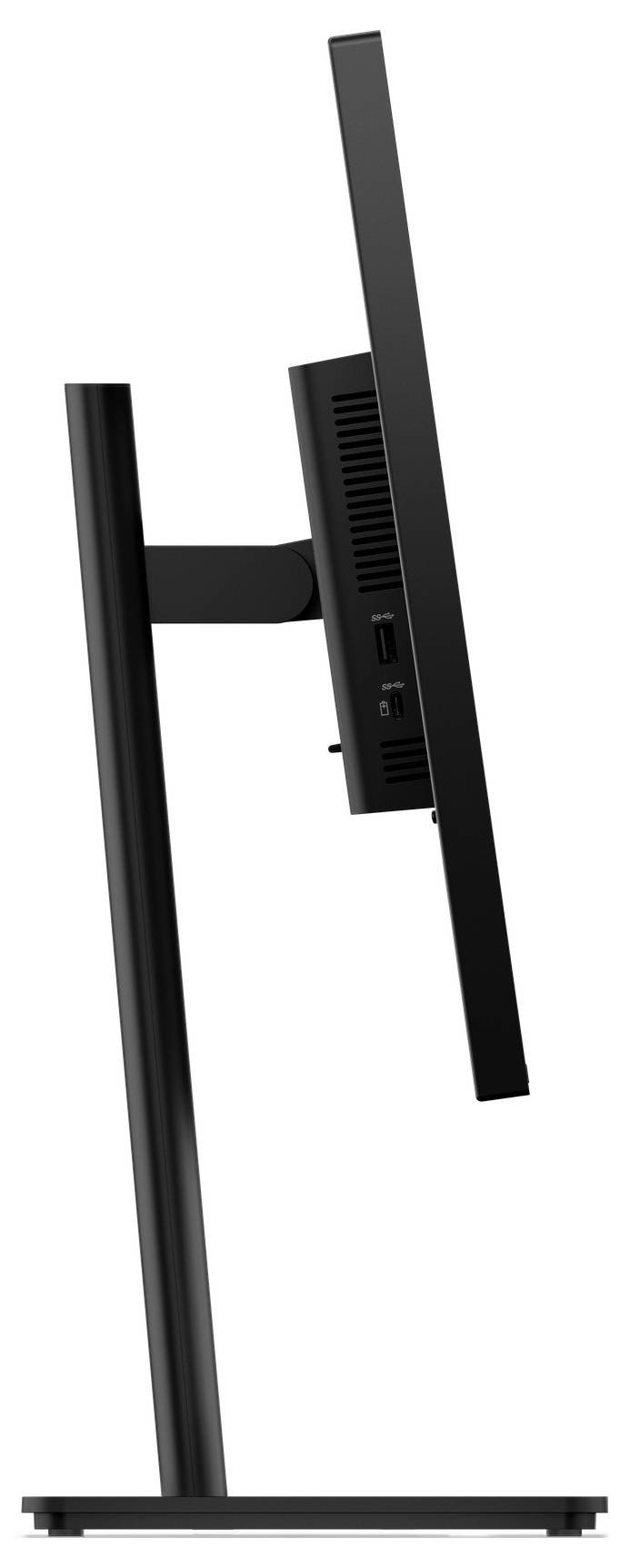 Seitenansicht eines schwarzen Desktop-Monitors auf einem Ständer, die das dünne Display, die hintere Belüftung und den verstellbaren Halterungsarm zeigt.