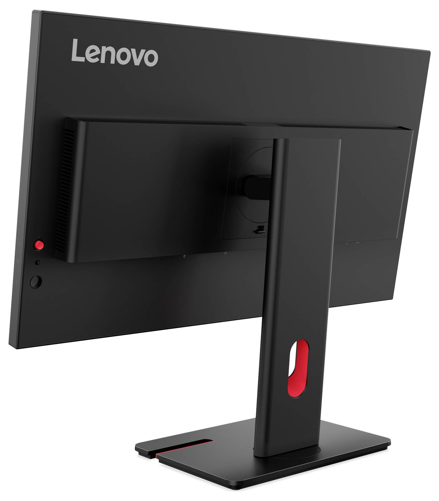Rückansicht eines Lenovo-Desktopmonitors auf einem Ständer, mit Lüftungsöffnungen, Stromschalter und Kabelmanagement-Öffnung.