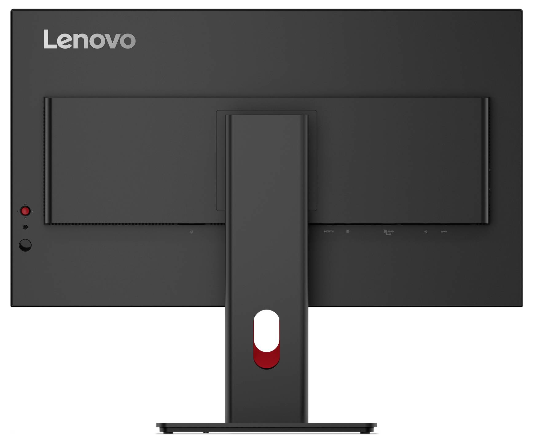 Rückansicht eines Lenovo-Desktop-Monitors mit zentralem Ständer, schwarzer Ausführung und sichtbaren Ein-/Ausschalter- und Steuerungstasten auf der Rückseite.