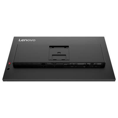Rückansicht eines Lenovo-Monitors mit Rückseite, Anschlüssen, Lüftungsöffnungen und Standfuß auf einer dunklen Displaybasis.