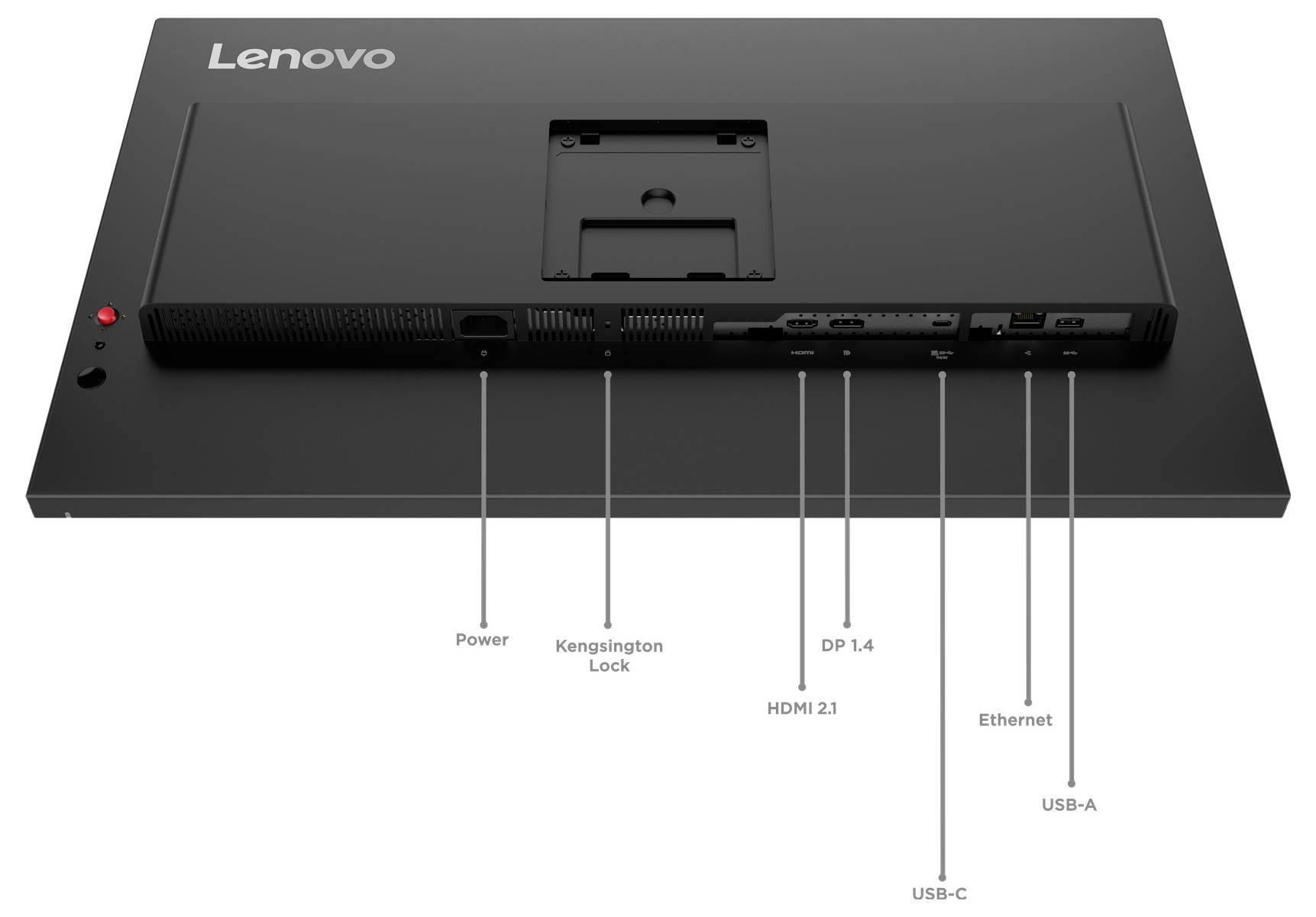 Rückansicht eines Lenovo-Monitors mit Anschlüssen und Beschriftungen: Stromversorgung, Kensington-Schloss, DP 1.4, HDMI 2.1, USB-C, Ethernet und USB-A.