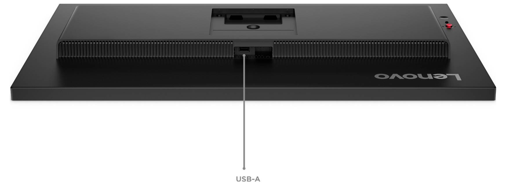 Rückseite eines Lenovo-Monitors mit einem integrierten USB-A-Anschluss und Kabel, das in der Mitte angeschlossen ist, wobei die Rückseite des Monitors gezeigt wird.