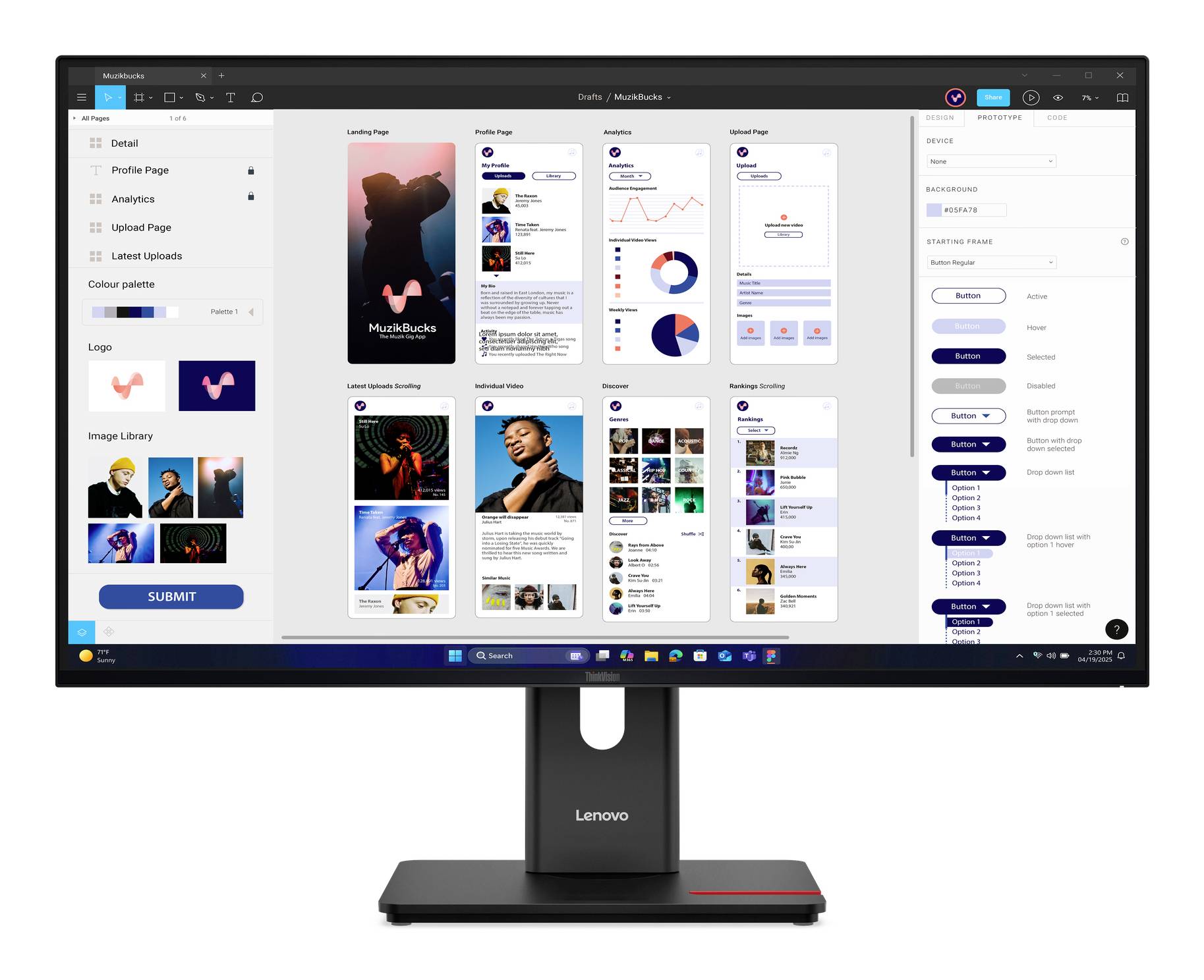 Lenovo-Monitor zeigt ein Website-/App-Design-Dashboard mit mehreren mobilen Seiten-Mockups, Farbpaletten, Logos, Bildbibliothek und einer 'ABSENDEN'-Schaltfläche an.