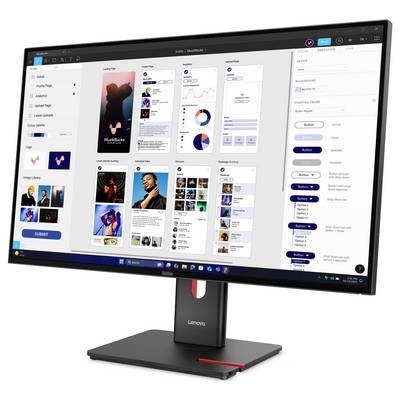 Ein Lenovo-Monitor zeigt eine Design-App mit einem Dashboard aus Mobil-UI-Mockups, Diagrammen und einem rechtseitigen Eigenschaftsfenster zum Bearbeiten von Komponenten.