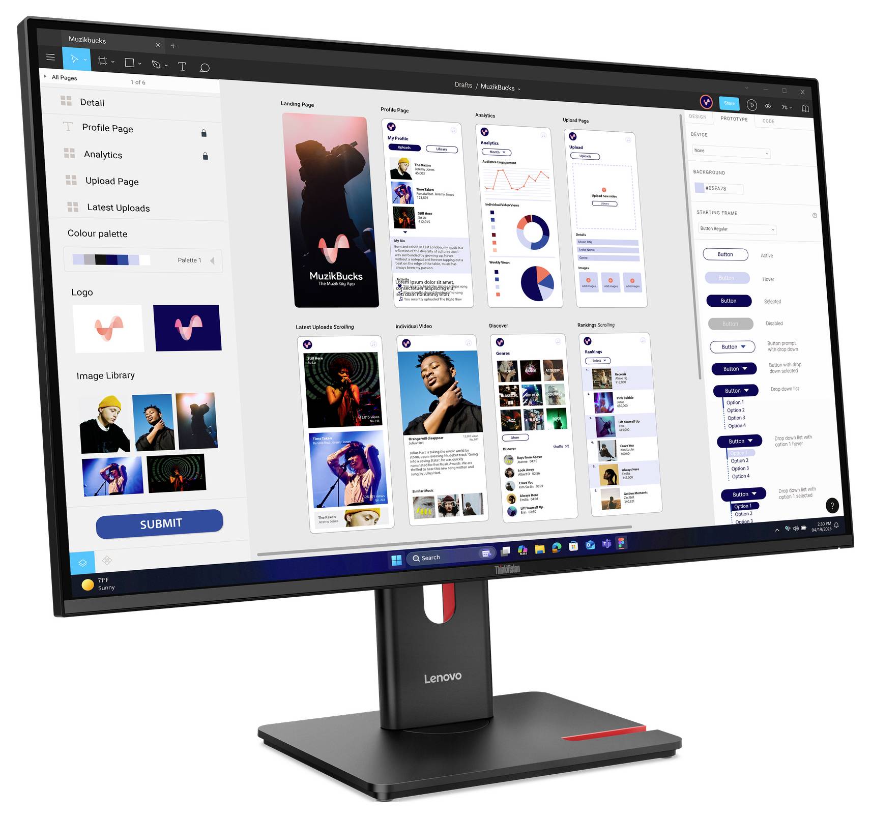 Rückansicht eines Lenovo-Desktopmonitors mit Ständer, zentriert auf einem einfachen weißen Hintergrund.