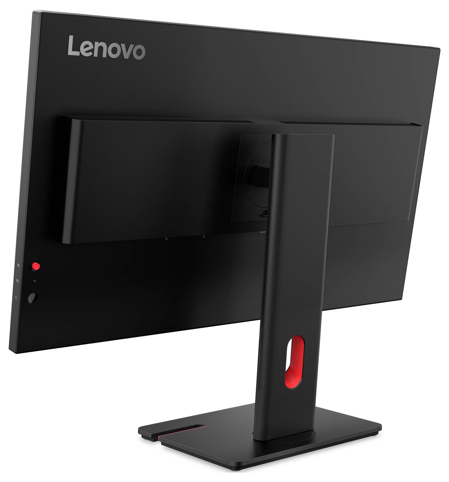 Rückansicht eines schwarzen Lenovo-Desktop-Monitors auf einem Ständer, die die Rückseite und den Kabelführungsschlitz zeigt.
