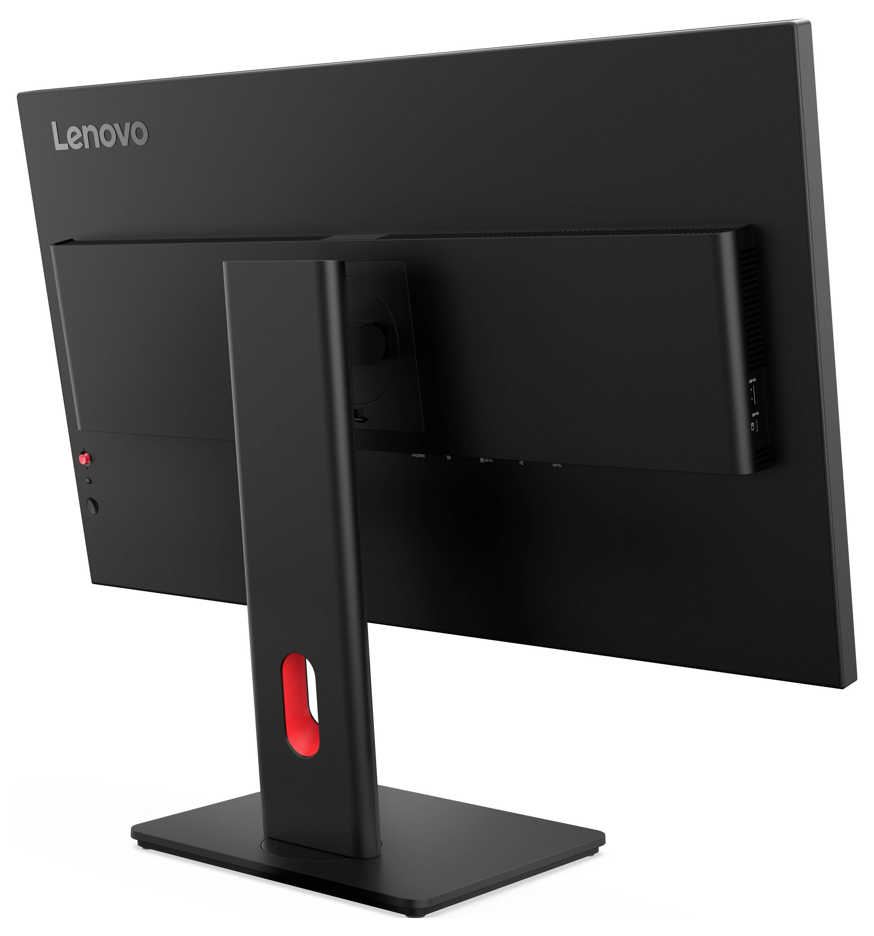 Rückansicht eines Lenovo-Desktop-Monitors auf einem Ständer, die die Anzeigehalterung und den Kabelbereich zeigt.