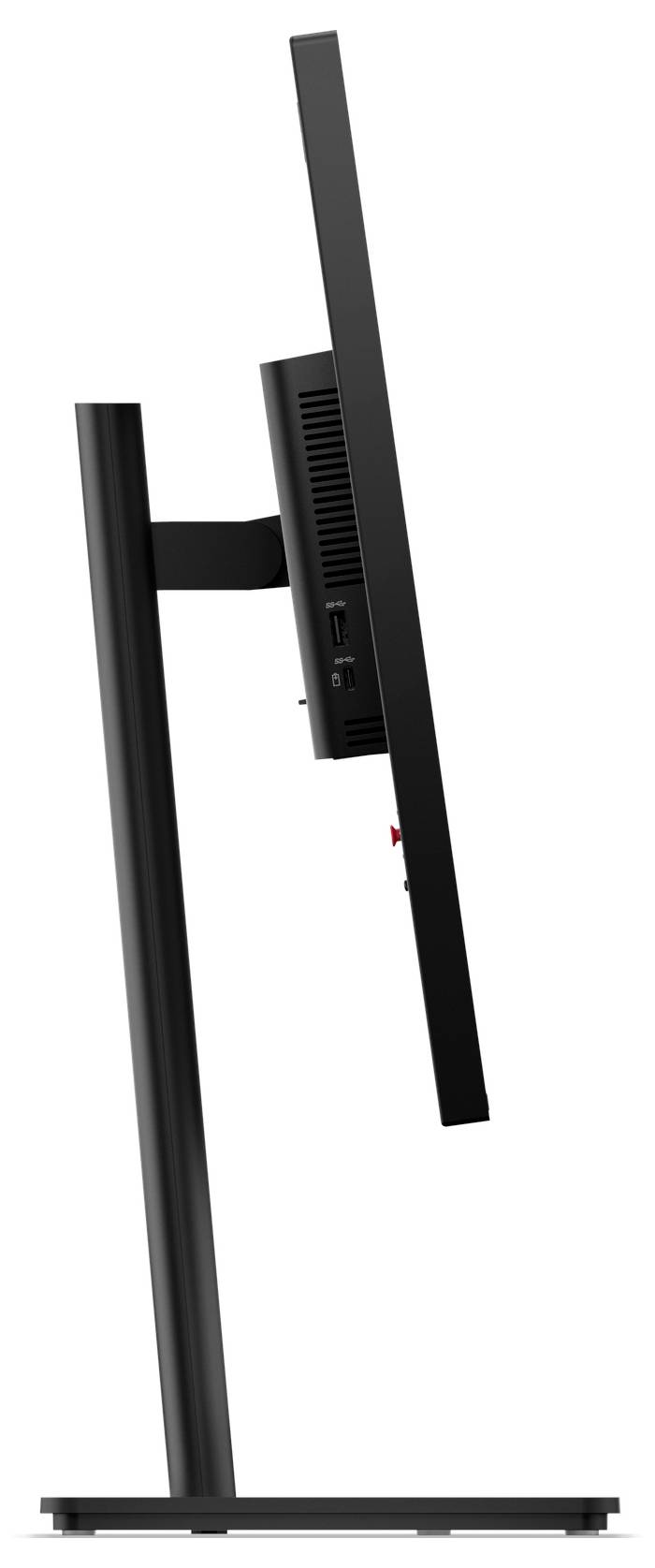 Seitenansicht eines schwarzen Desktop-Monitors auf einem Ständer, der den dünnen Bildschirm, die belüftete Rückseite und den verstellbaren Trägerarm zeigt.