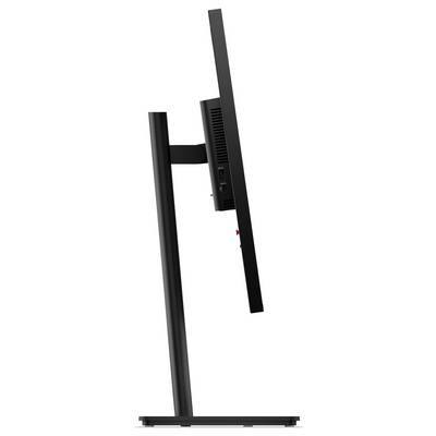 Seitenansicht eines schwarzen Desktop-Monitors auf einem Ständer, der den dünnen Bildschirm, die belüftete Rückseite und den verstellbaren Trägerarm zeigt.