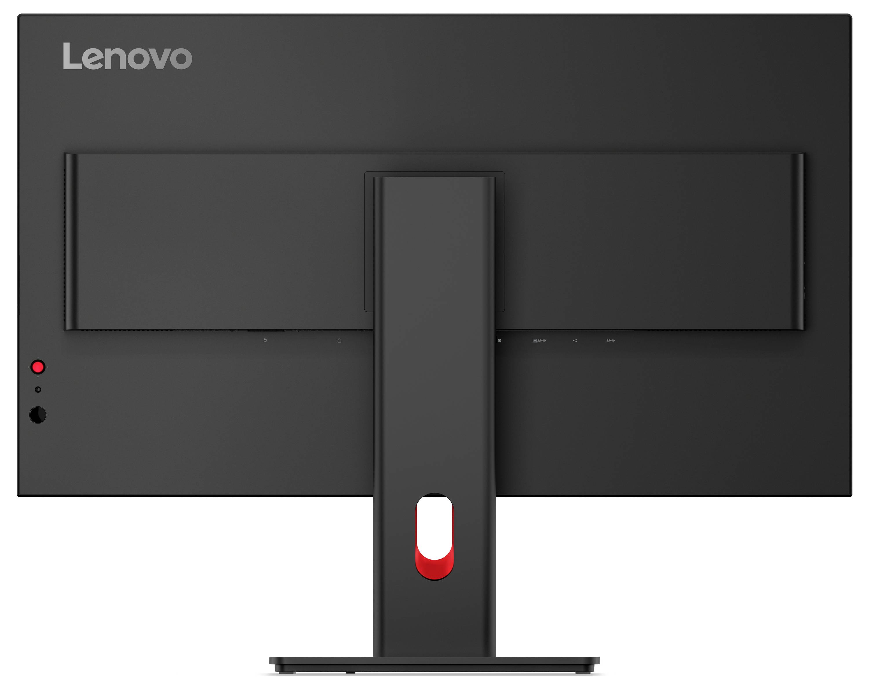 Seitenansicht eines weißen All-in-One-Desktopcomputers auf einem Ständer, der seinen schlanken Monitor und die hinteren/seitlichen USB- und Audioanschlüsse zeigt.