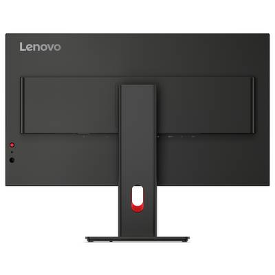 Seitenansicht eines weißen All-in-One-Desktopcomputers auf einem Ständer, der seinen schlanken Monitor und die hinteren/seitlichen USB- und Audioanschlüsse zeigt.