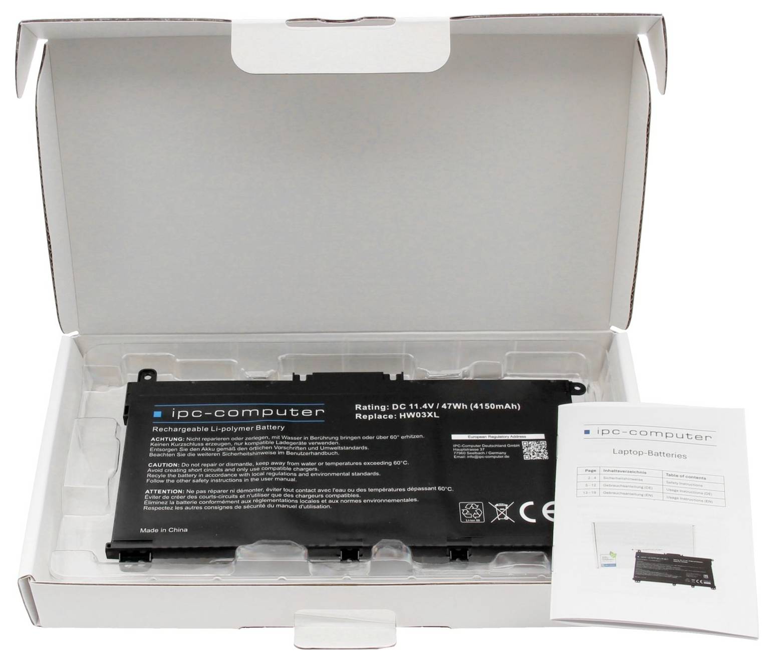 Öffnen Sie die weiße Box mit einem schwarzen IPC-Computer, einem wiederaufladbaren Laptop-Akku und einem kleinen Anleitung-Merkblatt.