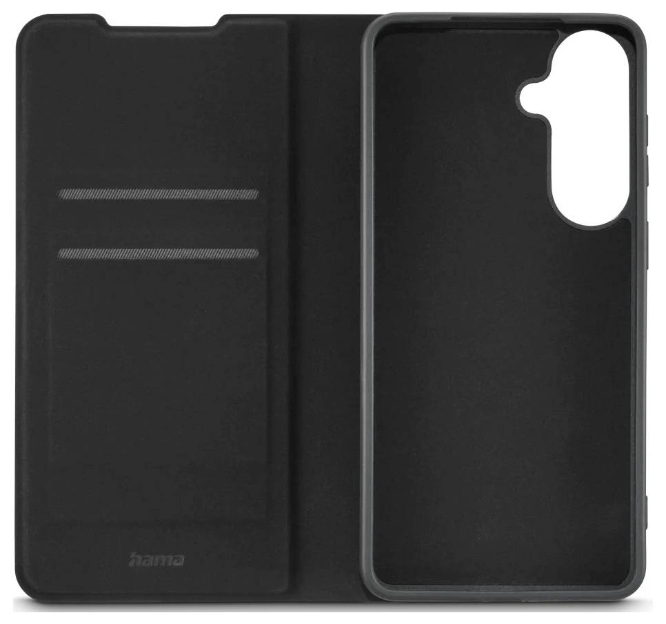 Schwarze Smartphone-Schutzhülle mit Folio-Abdeckung und Kartensteckplätzen, gezeigt offen von vorne und hinten.