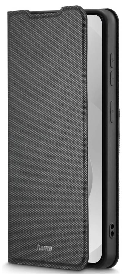Schwarze strukturierte Folio-Smartphone-Hülle mit Vorderseite, die die Seitentasten und Lautsprecheröffnungen des Telefons zeigt.