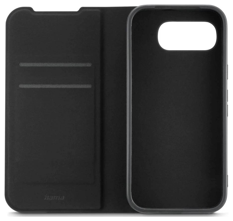 Schwarze Smartphone-Folio-Tasche mit einer linken Klappe mit zwei Kartensteckplätzen und einer rechten Hard-Shell-Telefonabdeckung mit Öffnung.
