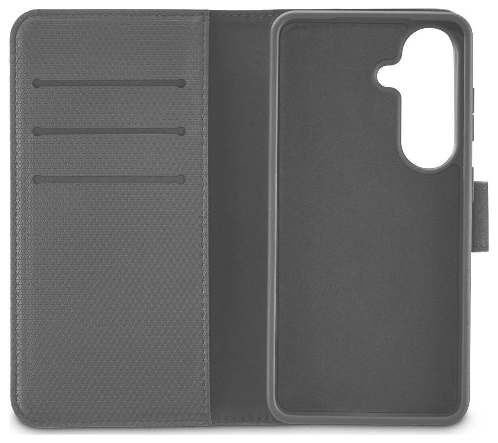 Grauer Smartphone-Etui im Folio-Stil mit Kartenfächern und Kameraausschnitt, offen dargestellt, um die Handyhülle und die Seitenklappe zu zeigen.