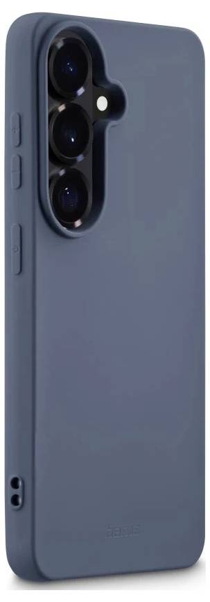 Blaue Smartphone-Hülle mit erhöbenem Dreifach-Kamera-Ausschnitt und seitlichen Tastaturabdeckungen, dargestellt auf weißem Hintergrund.
