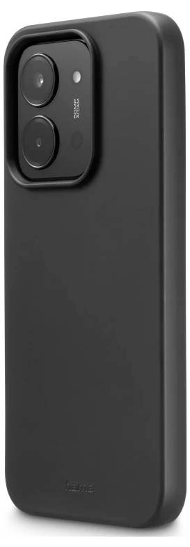 Schwarze Smartphone-Hülle mit erhabener Dual-Kamera-Aussparung auf der Rückseite, gezeigt auf weißem Hintergrund.