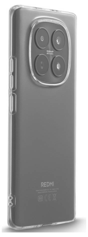 Ein Smartphone in einer durchsichtigen Schutzhülle gezeigt, das ein abstraktes grau-blaues Hintergrundbild anzeigt.