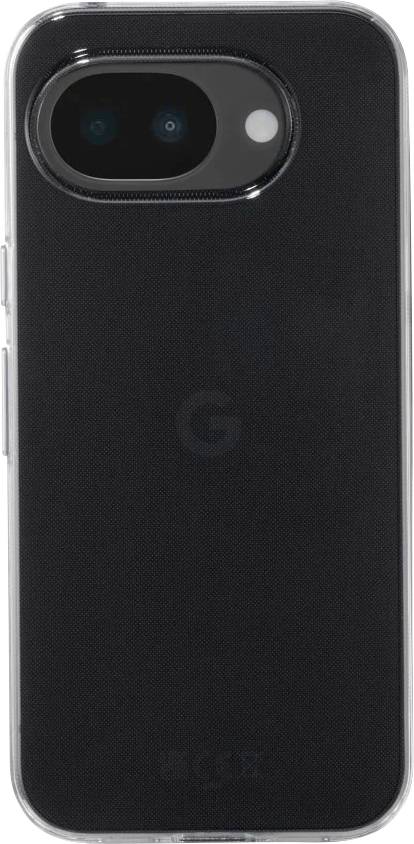 Rückansicht eines schwarzen Google Pixel-Telefons mit einer dualen Kamerazeile und Blitz.