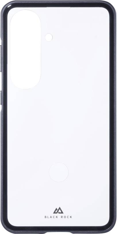 Weiße schwarze Schutzhülle für das Rückseite des Telefons mit großem vertikalem Kamera-Ausschnitt, kleinem Blitzloch und zentrierter kreisförmiger Öffnung für den Fingerabdrucksensor.