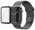 Smartwatch mit schwarzem Armband und abnehmbarer Schutzhülle, gezeigt mit entfernter frontseitiger Displayschutzfolie, um das Zifferblatt freizulegen.