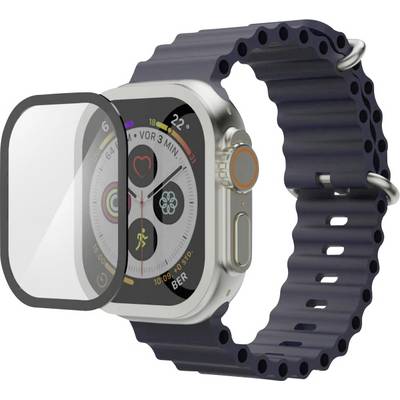 Quadratische Smartwatch mit dunklem perforiertem Armband, abgebildet mit einer Schutzfolie auf weißem Hintergrund.
