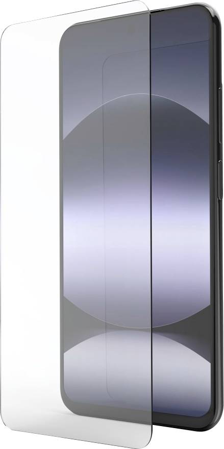 Zwei sich überlappende Smartphone-Bildschirme, wobei einer von einer transparenten Schutzfolie oder einem Glaspanel bedeckt ist.