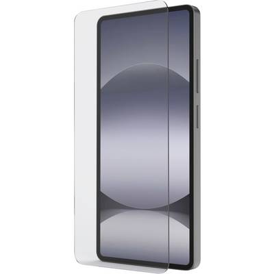 Ein Smartphone in einem schlanken schwarzen Gehäuse mit einer transparenten Displayschutzfolie auf der Vorderseite.
