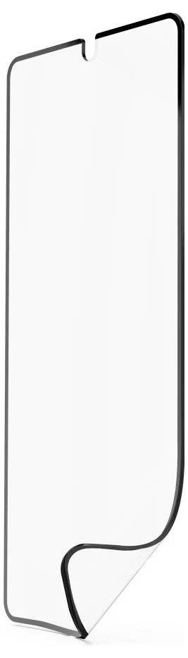 Transparente Displayschutzfolie für Smartphone mit oben liegendem Notch und abgerundeter unterer Ecke, dargestellt als Produktmuster.