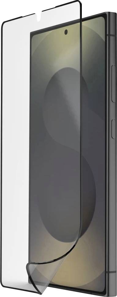 Zwei sich überlappende durchsichtige Displayschutzfolien, eine teilweise abgezogen, vor einem Smartphone gezeigt, um die Kantenabdeckung zu veranschaulichen.