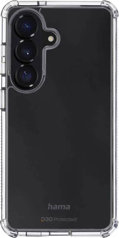 Schwarze Smartphone-Schutzhülle mit transparentem Stoßschutz und dreifachem Kameraausschnitt auf der Rückseite, gezeigt von hinten mit "hama" und "D3O Protected" Branding.