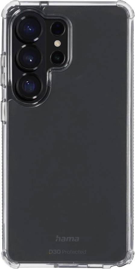 Transparente Schutzhandyhülle auf einem dunklen Smartphone, die eine große Multi-Kamera-Aussparung auf der Rückseite zeigt.