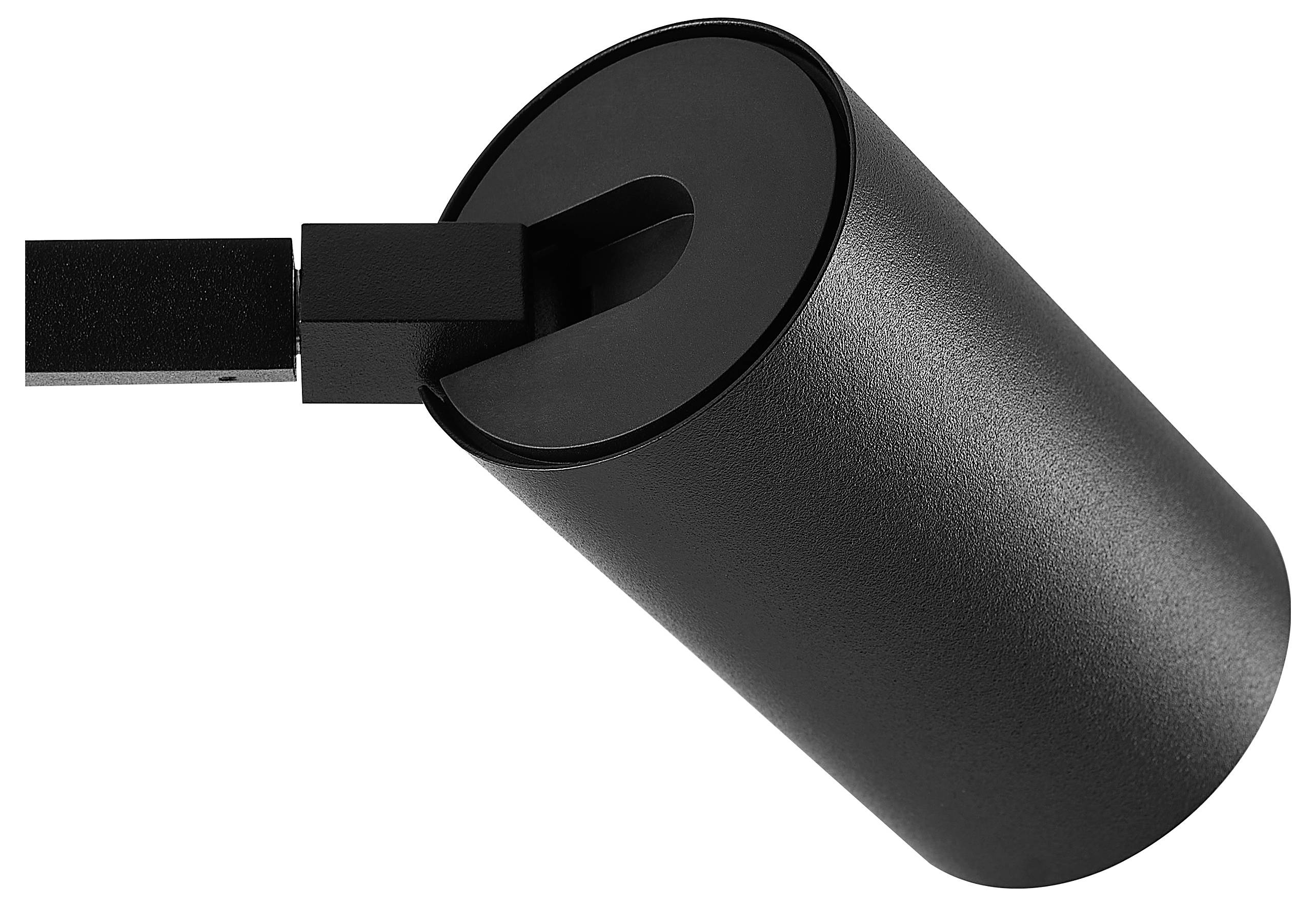 Schwarzes zylindrisches USB-C-Speicherlaufwerk mit angeschlossenem Stecker auf weißem Hintergrund.