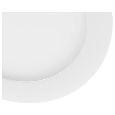Rundes, bündig eingelassenes LED-Deckenleuchten-Panel mit silbernem Rand und vier orangefarbenen Clips auf weißem Hintergrund