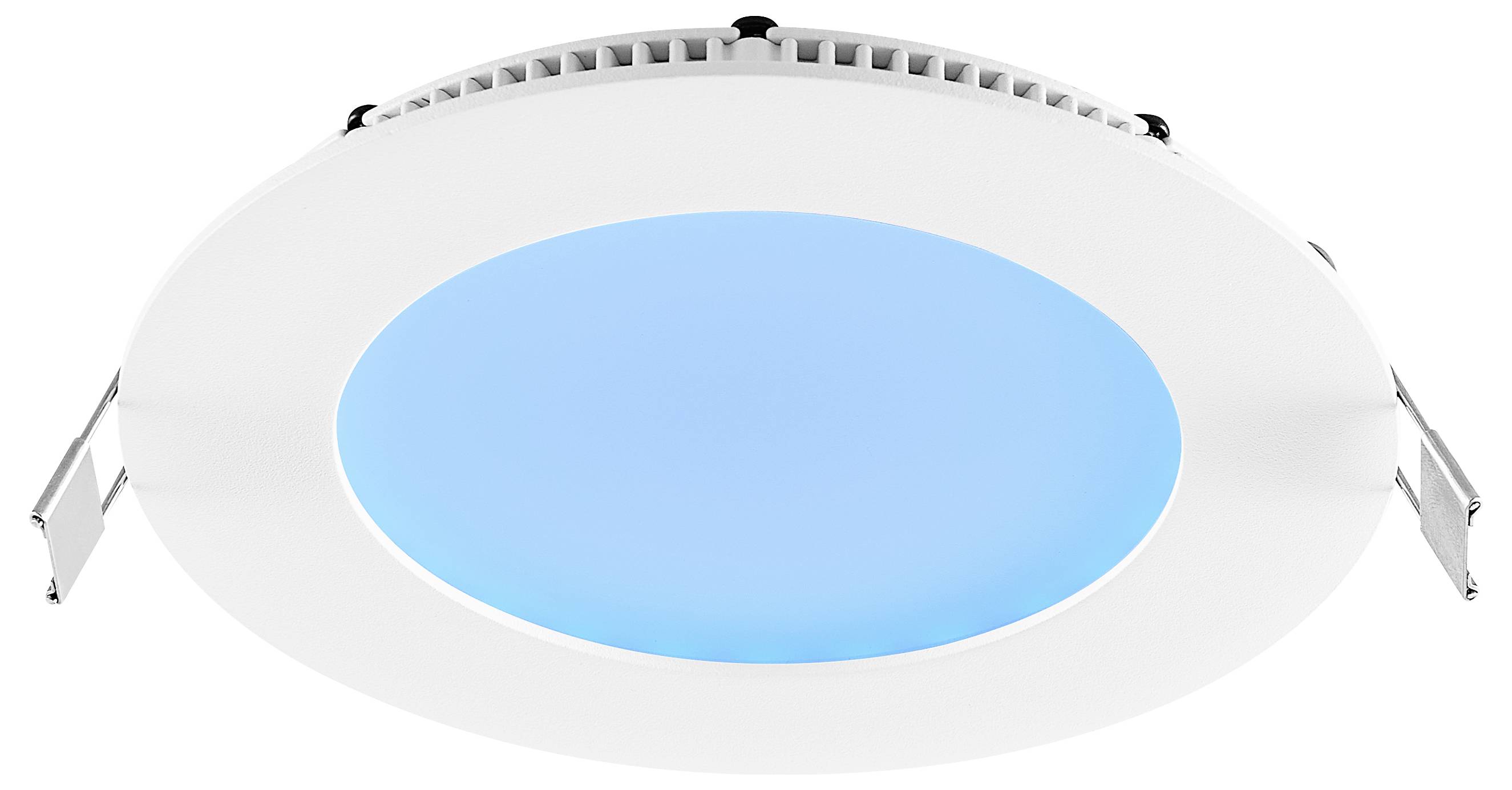 Runde, eingelassene LED-Deckenleuchte mit leuchtender blauer Mitteltafel und weißer Einfassung, von unten fotografiert.